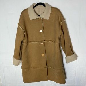 Vintage 90s Tan Faux Suede Sherpa Lined Button Up Coat L Boho Whimsigoth